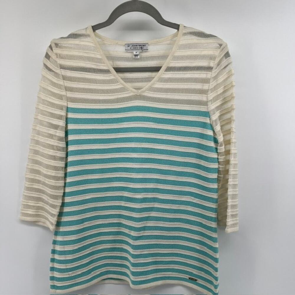 St. John Sport by Marie Gray Horizontal Striped Top Womens M-P Blue Ivory Sheer